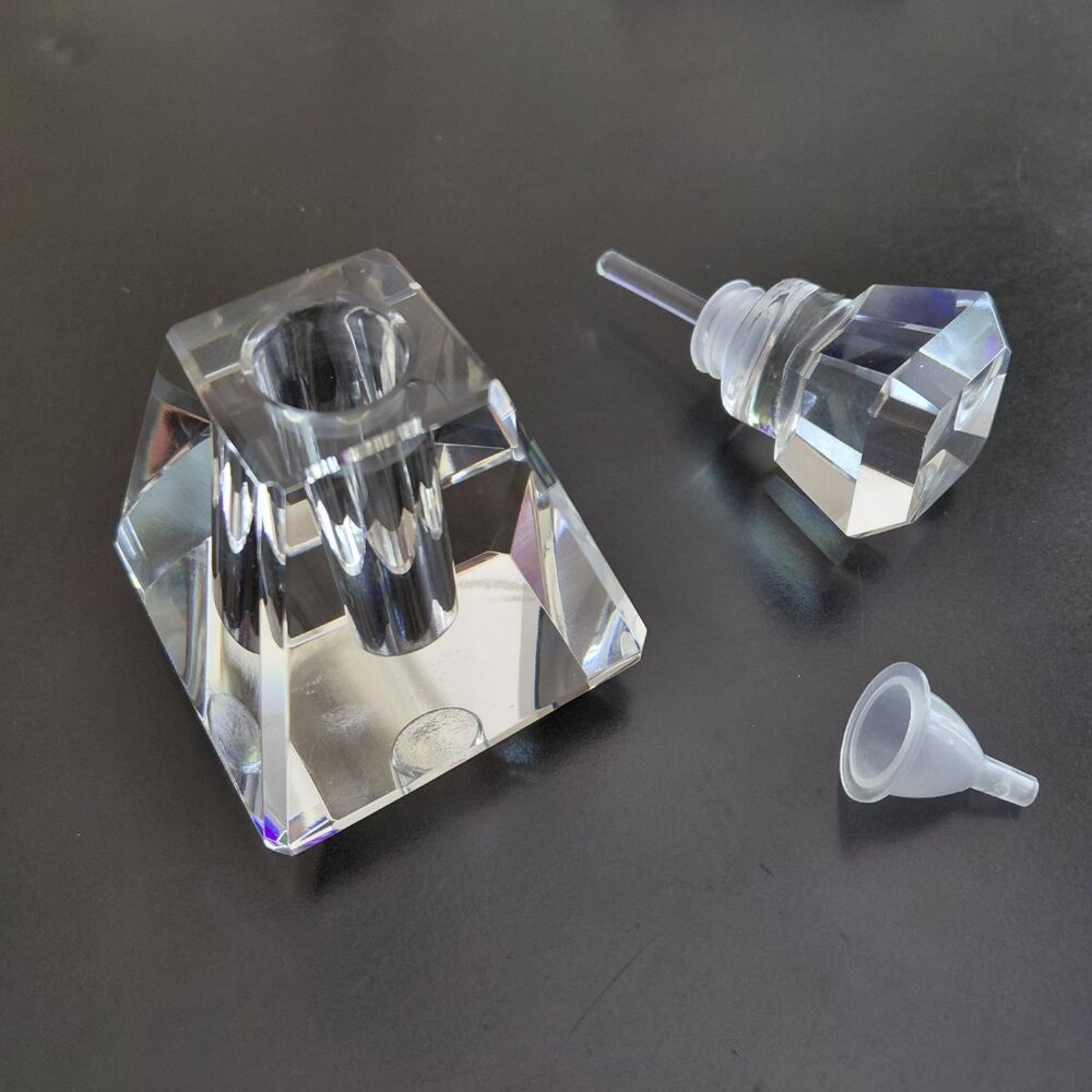 Pretty glass perfume holder with dabber and funnel for filling.  New, never used